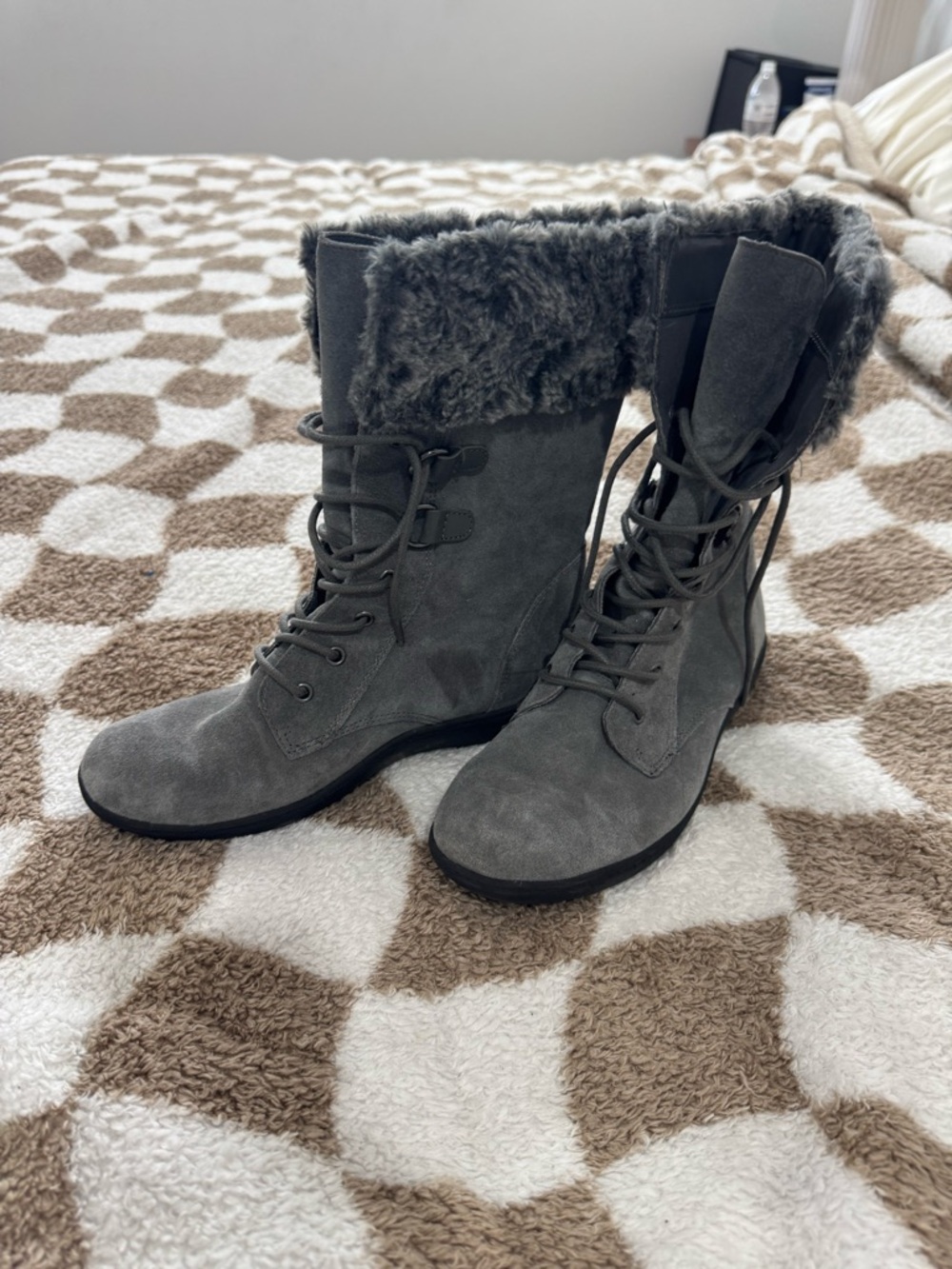 Aerosoles Women's Faux Fur Lace-Up Mid-Calf Boots - Gray Size 7